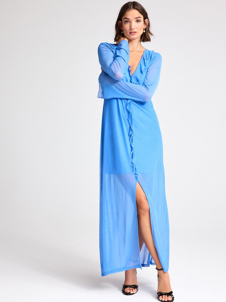 Cobalt Blue Long Sleeve Mesh Ruffle Maxi Dress - Image 1 of 6