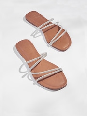 Silver Forever Comfort® Embellished Glittery Asymmetrical Strappy Mule Sandals - Image 1 of 5