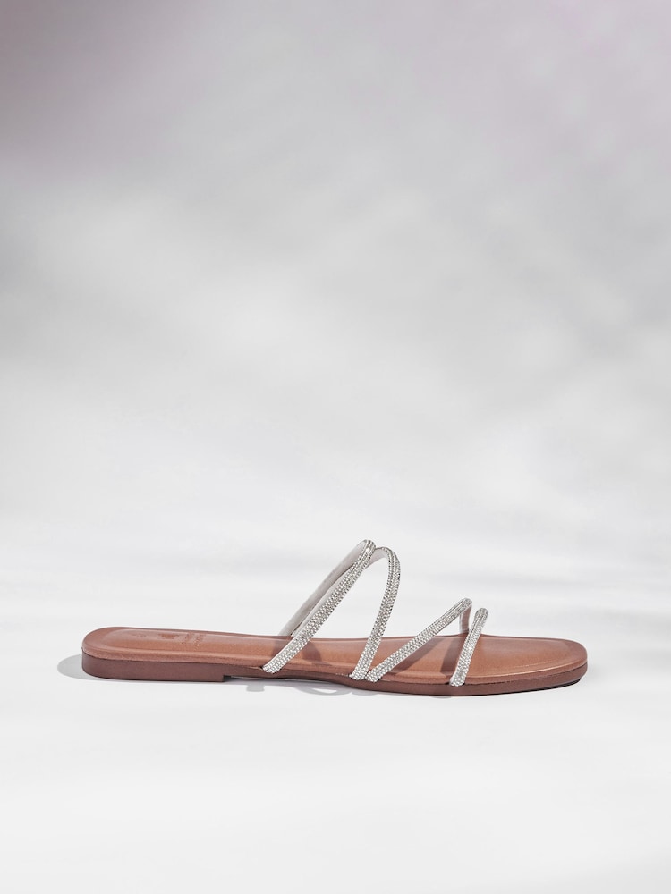 Silver Forever Comfort® Embellished Glittery Asymmetrical Strappy Mule Sandals - Image 2 of 5 Silver Forever Comfort® Embellished Glittery Asymmetrical Strappy Mule Sandals - Image 2 of 5