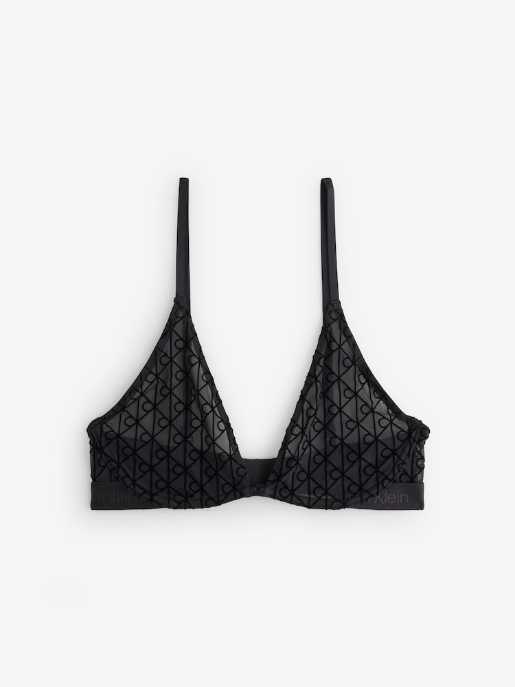 Calvin Klein Black Unlined Plunge Bra - Emblem Flocked Mesh - Image 1 of 1 Calvin Klein Black Unlined Plunge Bra - Emblem Flocked Mesh - Image 1 of 1
