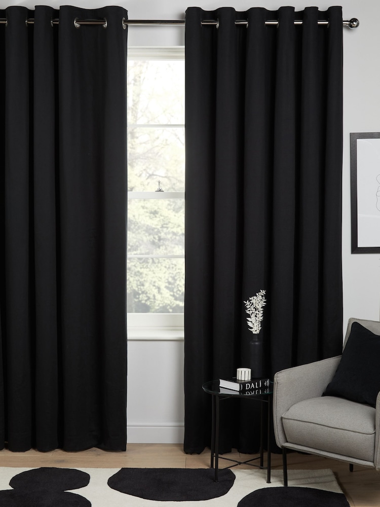 Black Blackout/Thermal Cotton Eyelet Curtains - Image 1 of 7