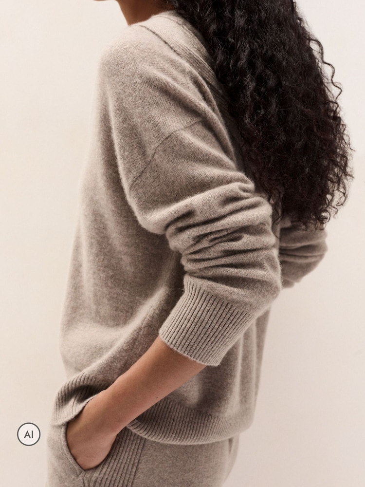 The White Company Grey Cashmere Rib Detail Overlap Detail Hoodie - Image 2 of 5