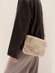 The White Company Grey Faux Fur Double Zip Pouch Cross-Body Bag - Image 2 of 4