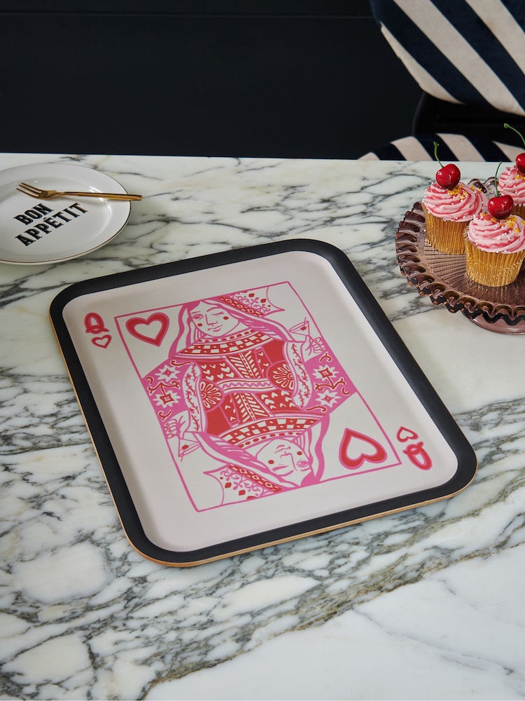 Rockett St George Pink Queen of Hearts Wood Veneer Tray with Anti Slip Finish - Image 1 of 2