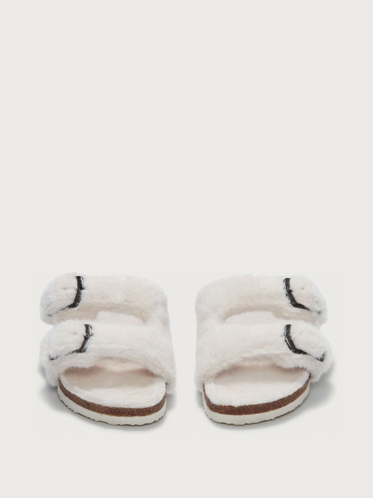 The White Company Faux Fur Buckle Cork Slider Slippers - صورة 2 من 3 The White Company Faux Fur Buckle Cork Slider Slippers - صورة 2 من 3