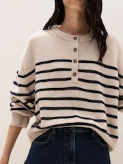 The White Company Brown Stripe Button Placket Jumper With Cotton - Image 1 of 6