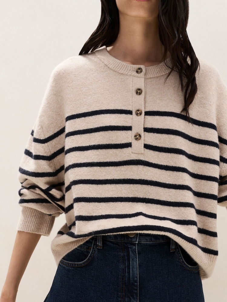 The White Company Brown Stripe Button Placket Jumper With Cotton - Image 1 of 6 The White Company Brown Stripe Button Placket Jumper With Cotton - Image 1 of 6