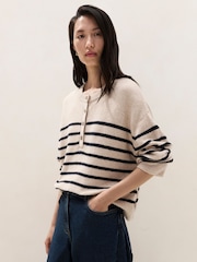 The White Company Brown Stripe Button Placket Jumper With Cotton - Image 2 of 6