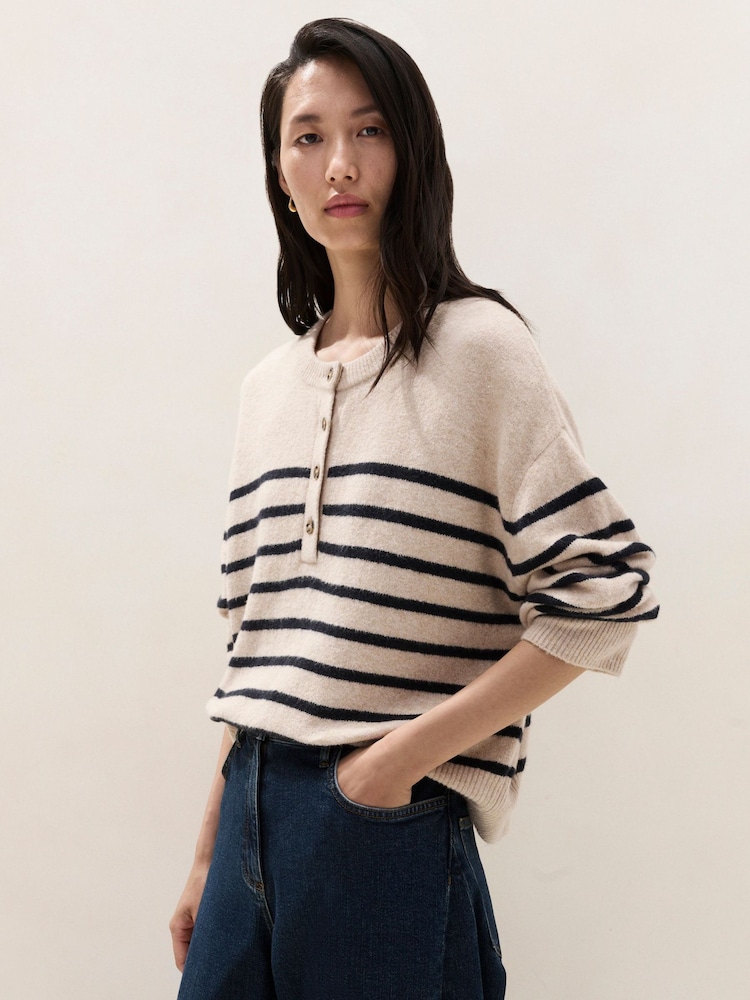 The White Company Brown Stripe Button Placket Jumper With Cotton - Image 2 of 6 The White Company Brown Stripe Button Placket Jumper With Cotton - Image 2 of 6