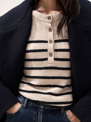 The White Company Brown Stripe Button Placket Jumper With Cotton - Image 4 of 6