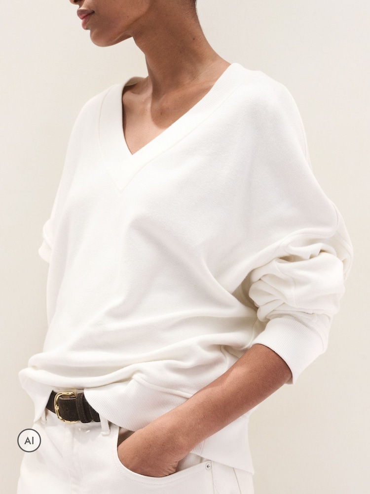 The White Company Natural Silk Trim V-Neck Jumper With Cashmere - Image 1 of 5