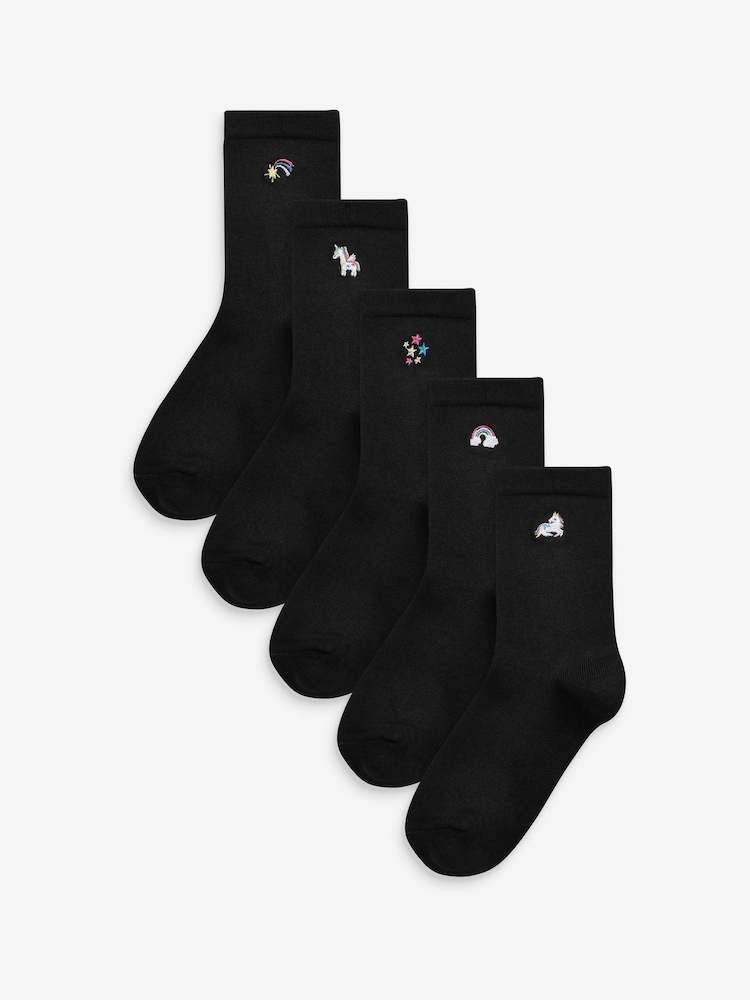 Black 5 Pack Bamboo Rich Unicorn Embroidered Ankle Socks - Image 1 of 6