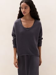The White Company Grey V-Neck Mixed Media Knitted Dress - Image 3 of 6