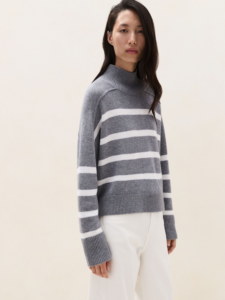 The White Company Grey Stripe Funnel Neck Boxy Jumper - Image 2 of 5 The White Company Grey Stripe Funnel Neck Boxy Jumper - Image 2 of 5