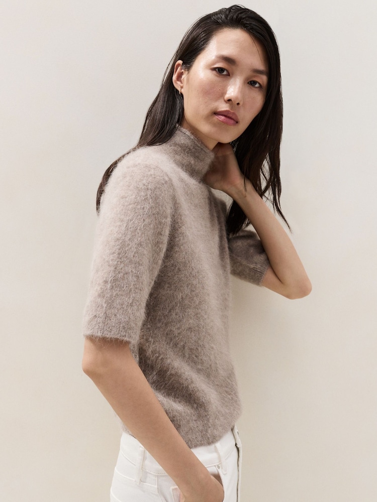 The White Company Taupe Brown High Neck Knitted T-Shirt - Image 1 of 5
