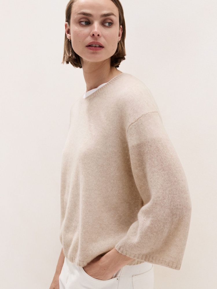 The White Company Natural Layering Cashmere Wide Sleeve Knitted T-Shirt - Image 1 of 5