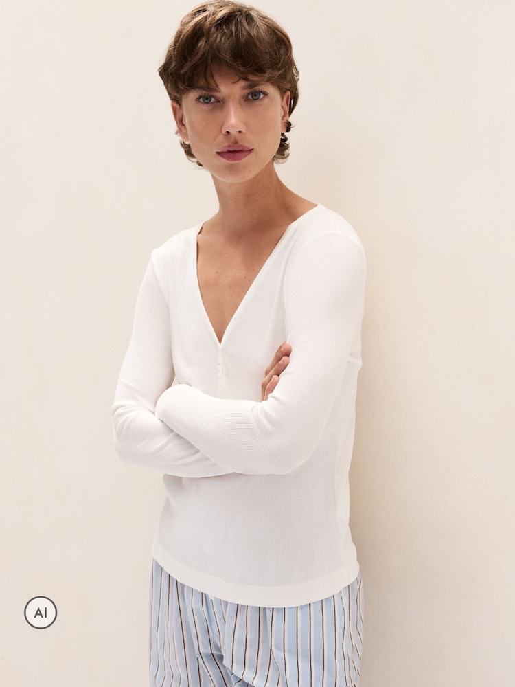 The White Company Jersey Rib Long Sleeve Henley Pyjama Top - 4суретінің 1 суреті