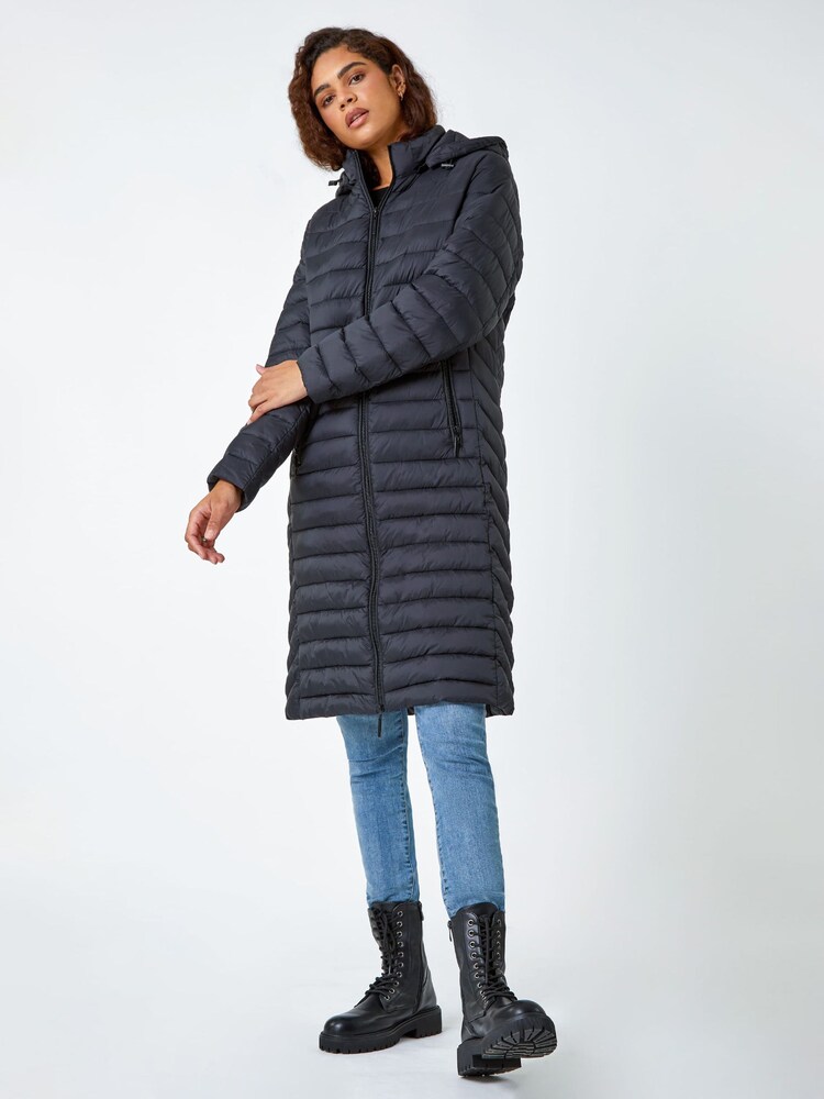 Roman Black Longline Hooded Padded Coat - Image 2 of 5