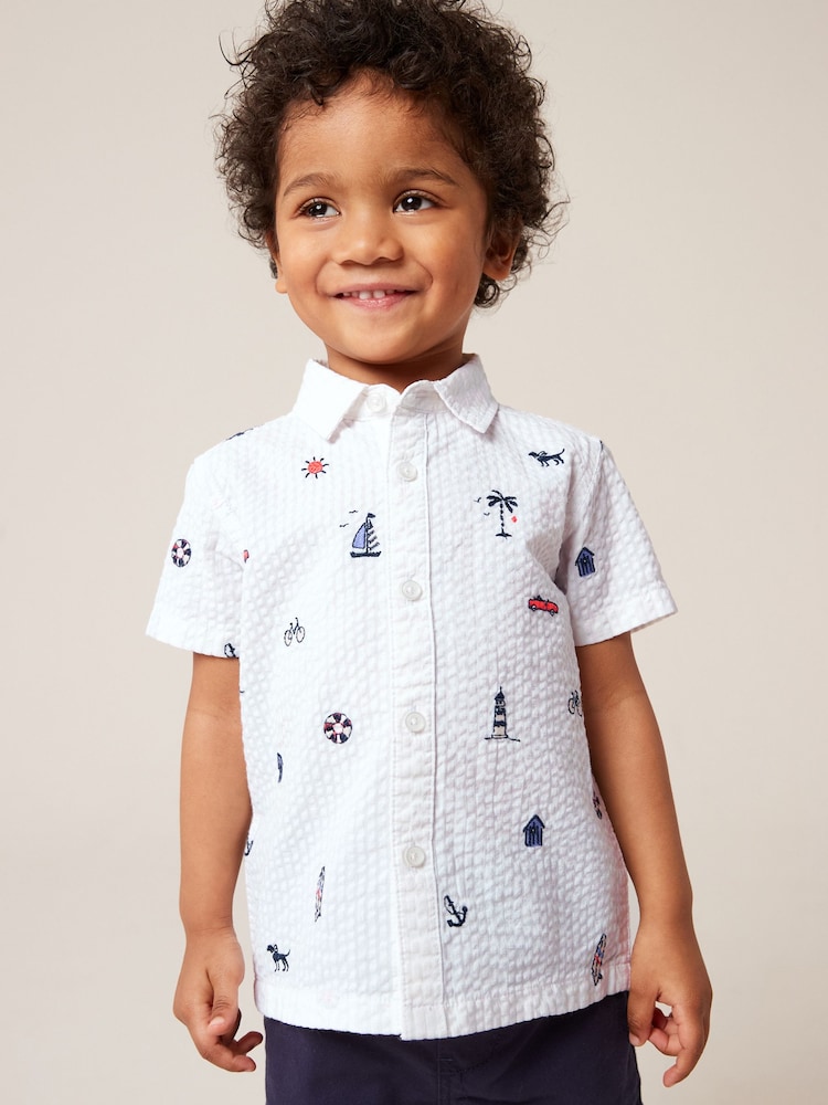 White 100% Cotton Short Sleeve All-Over Print Embroidered Shirt (3mths-7yrs) - Image 1 of 7
