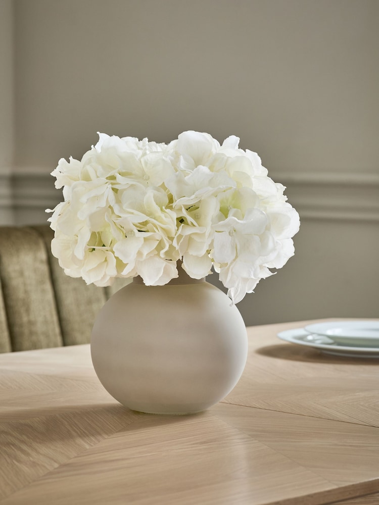 White Artificial Hydrangea Arrangement in Large Grey Glass Vase - Image 1 of 4