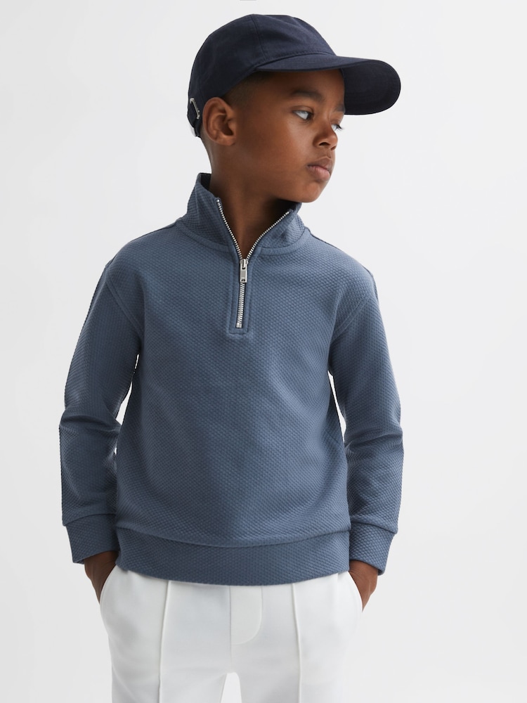 Reiss Airforce Blue Bishop 3-9 yrs Textured Half-Zip Funnel Neck Top - Image 1 of 6