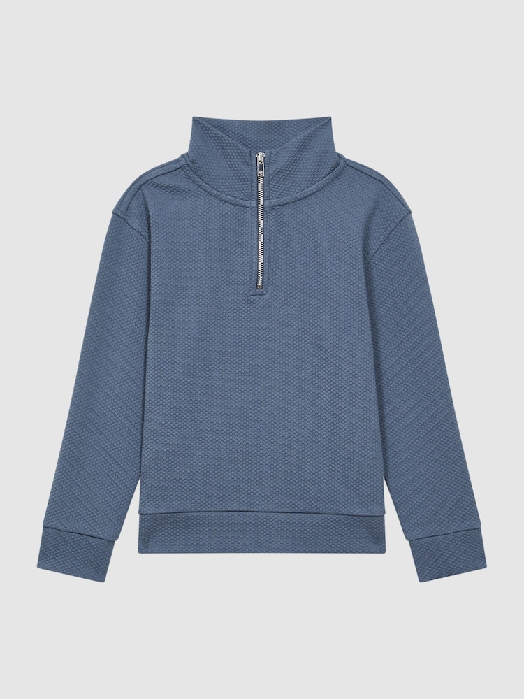 Reiss Airforce Blue Bishop 3-9 yrs Textured Half-Zip Funnel Neck Top - Image 2 of 6