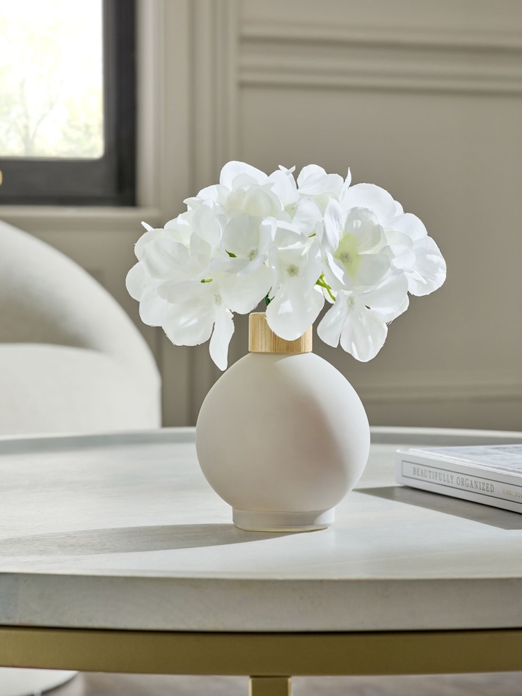 White Artificial Hydrangea Arrangement in Small Grey Glass Vase - Image 1 of 5