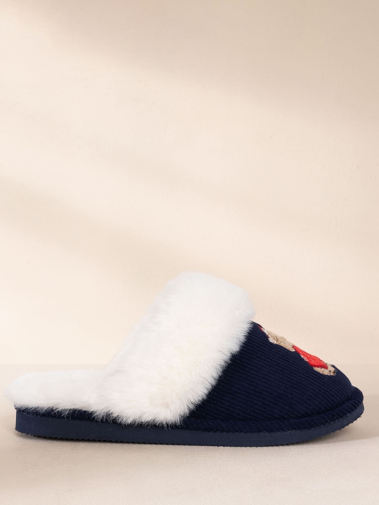 Chelsea Peers Blue Corduroy Embroidered Christmas Chip the Cockapoo Slippers - Image 1 of 7 Chelsea Peers Blue Corduroy Embroidered Christmas Chip the Cockapoo Slippers - Image 1 of 7