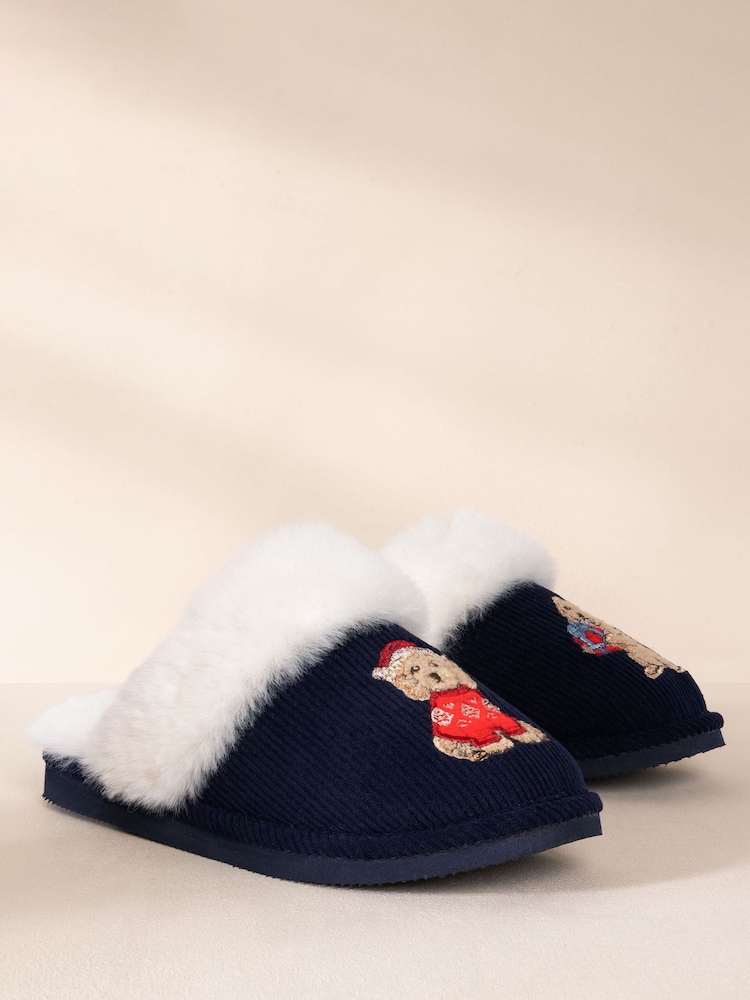 Chelsea Peers Blue Corduroy Embroidered Christmas Chip the Cockapoo Slippers - Image 2 of 7 Chelsea Peers Blue Corduroy Embroidered Christmas Chip the Cockapoo Slippers - Image 2 of 7