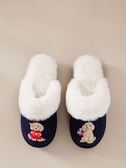 Chelsea Peers Blue Corduroy Embroidered Christmas Chip the Cockapoo Slippers - Image 4 of 7