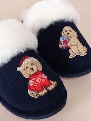 Chelsea Peers Blue Corduroy Embroidered Christmas Chip the Cockapoo Slippers - Image 5 of 7