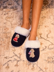 Chelsea Peers Blue Corduroy Embroidered Christmas Chip the Cockapoo Slippers - Image 7 of 7
