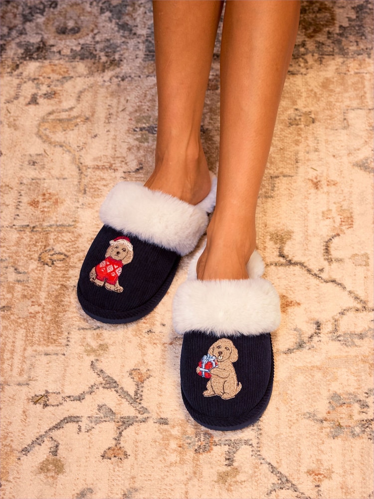 Chelsea Peers Blue Corduroy Embroidered Christmas Chip the Cockapoo Slippers - Image 7 of 7 Chelsea Peers Blue Corduroy Embroidered Christmas Chip the Cockapoo Slippers - Image 7 of 7