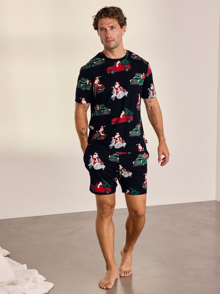 Chelsea Peers Blue Christmas Santa Road Trip Print Long Pyjamas Set - Image 1 of 7 Chelsea Peers Blue Christmas Santa Road Trip Print Long Pyjamas Set - Image 1 of 7