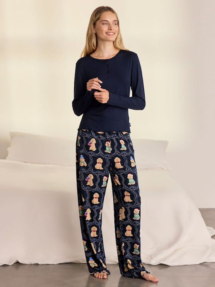 Chelsea Peers Blue Christmas Chip the Cockapoo Portraits Print Henley Long Pyjamas Set - Image 1 of 7 Chelsea Peers Blue Christmas Chip the Cockapoo Portraits Print Henley Long Pyjamas Set - Image 1 of 7