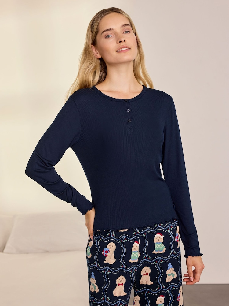 Chelsea Peers Blue Christmas Chip the Cockapoo Portraits Print Henley Long Pyjamas Set - Image 2 of 7 Chelsea Peers Blue Christmas Chip the Cockapoo Portraits Print Henley Long Pyjamas Set - Image 2 of 7