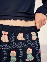 Chelsea Peers Blue Christmas Chip the Cockapoo Portraits Print Henley Long Pyjamas Set - Image 3 of 7