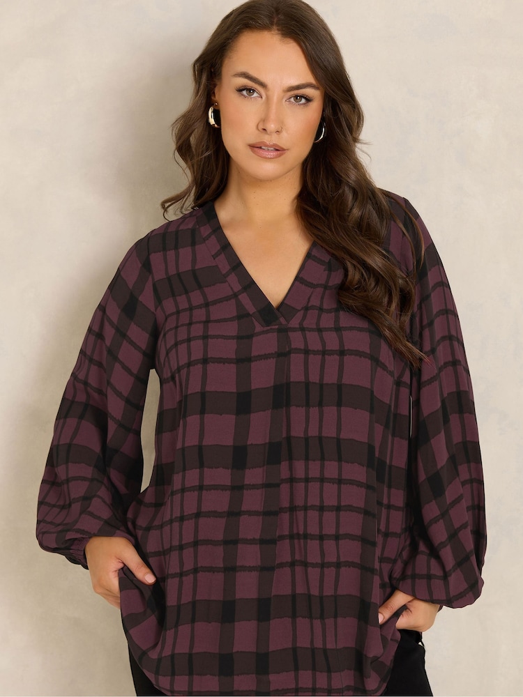 Evans Red Balloon Sleeve Checked Pleated Swing Top - Image 1 of 6 Evans Red Balloon Sleeve Checked Pleated Swing Top - Image 1 of 6