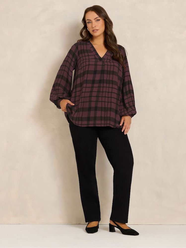 Evans Red Balloon Sleeve Checked Pleated Swing Top - Image 2 of 6 Evans Red Balloon Sleeve Checked Pleated Swing Top - Image 2 of 6