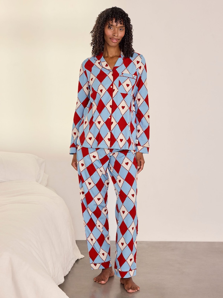 Chelsea Peers Red Maternity Cotton Harlequin Heart Print Long Pyjamas Set - Image 1 of 6 Chelsea Peers Red Maternity Cotton Harlequin Heart Print Long Pyjamas Set - Image 1 of 6