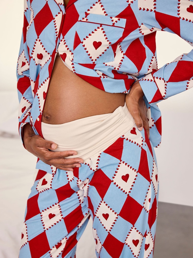 Chelsea Peers Red Maternity Cotton Harlequin Heart Print Long Pyjamas Set - Image 2 of 6 Chelsea Peers Red Maternity Cotton Harlequin Heart Print Long Pyjamas Set - Image 2 of 6