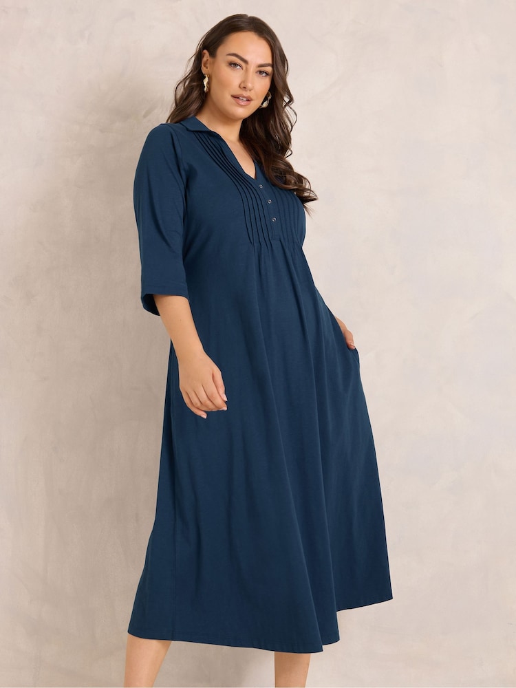 Evans Blue Cotton Henley Dress - Image 1 of 4 Evans Blue Cotton Henley Dress - Image 1 of 4