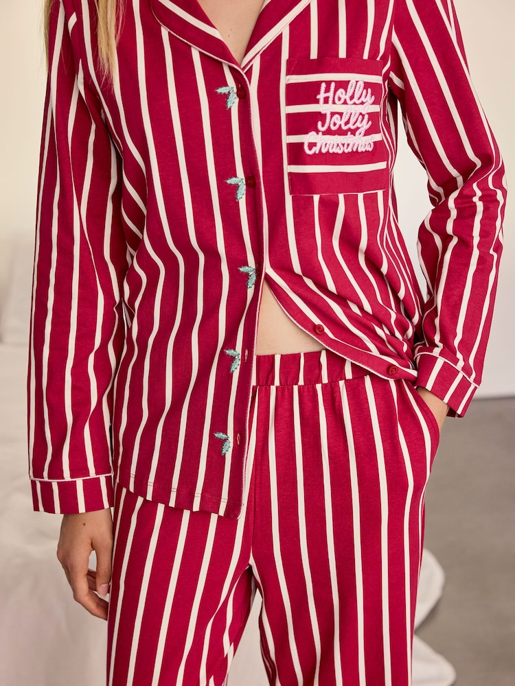 Chelsea Peers Red Cotton Embroidered Holly Jolly Christmas Long Pyjamas Set - Image 2 of 10 Chelsea Peers Red Cotton Embroidered Holly Jolly Christmas Long Pyjamas Set - Image 2 of 10