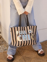 Rockett St George Black/White Slogan Straw Tote Bag - Image 2 of 10