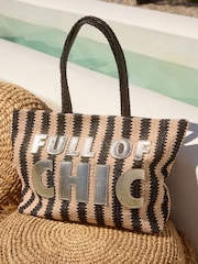 Rockett St George Black/White Slogan Straw Tote Bag - Image 5 of 10