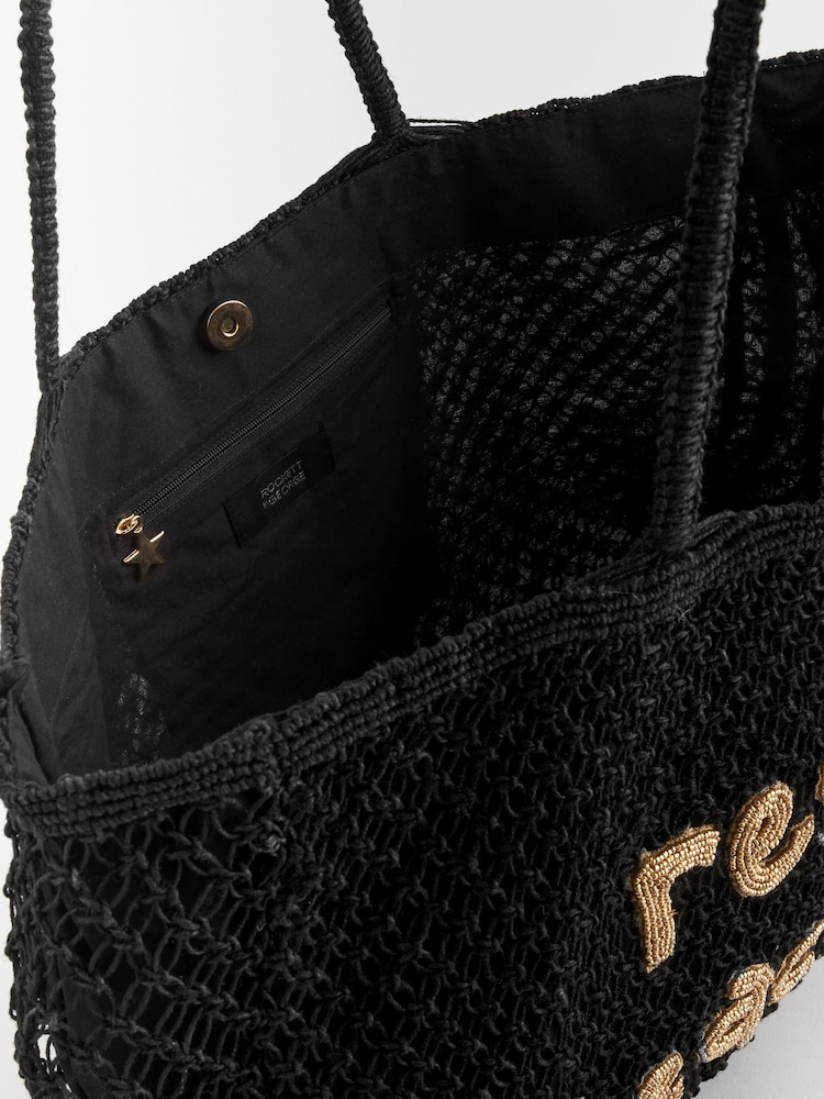 Rockett St George Black Straw Slogan Beach Bag - Image 10 of 10