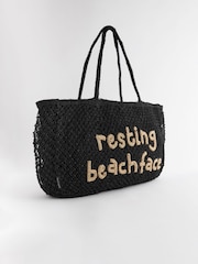 Rockett St George Black Straw Slogan Beach Bag - Image 6 of 10