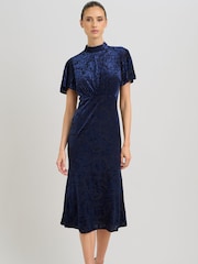 Gina Bacconi Blue Sallie High Neck Velvet Midi Dress - Image 1 of 6