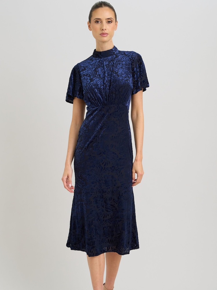 Gina Bacconi Blue Sallie High Neck Velvet Midi Dress - Image 1 of 6 Gina Bacconi Blue Sallie High Neck Velvet Midi Dress - Image 1 of 6