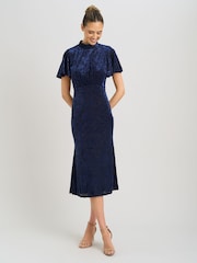 Gina Bacconi Blue Sallie High Neck Velvet Midi Dress - Image 3 of 6